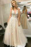 A Line V Neck Prom Dresses With Lace Appliques, Long Cheap Evening Dress HZ0527