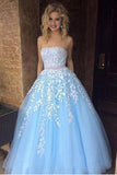 Cheap A-line Sky Blue Lace Appliqued Tulle Long Strapless Prom Dresses HZ0527