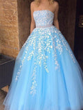 Cheap A-line Sky Blue Lace Appliqued Tulle Long Strapless Prom Dresses HZ0527