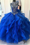 Royal Blue Organza High Neck Quinceanera Dresses Burgundy Beading Prom Dresses HZ0527