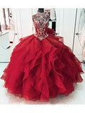 Royal Blue Organza High Neck Quinceanera Dresses Burgundy Beading Prom Dresses HZ0527