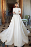 Simple Ivory Long Sleeves Satin A Line Wedding Dresses HZ0527