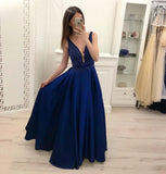 Royal Blue Beading A Line Satin Prom Dress, Cheap Long Evening Dresses HZ0527