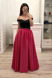 Hot Pink Satin Long Prom Gown With Pockets, Simple Beaded Evening Dresses With Black Top HZ0527