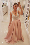 Charming Blush Pink Long Satin Prom Dresses Unique Pearls Formal Evening Dress HZ0527