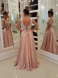 Charming Blush Pink Long Satin Prom Dresses Unique Pearls Formal Evening Dress HZ0527