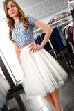 Two Piece Blue Lace Top Short Sleeves Tulle Homecoming Dresses HZ0527