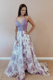 Lilac A Line Floral Boho Prom Dresses For Teens Spaghetti Strap Junior Prom Dress HZ0527