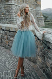 Princess Two Piece Long Sleeves White Lace A Line Tulle Homecoming Dress HZ0527