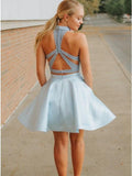 Two Piece High Neck Pockets Satin Short Light Blue Beaded Homecoming Dress HZ0527