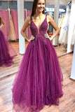 A Line Purple Tulle Beading Long Prom Dresses with Appliques HZ0527