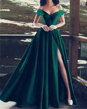 Elegant V-neck Off The Shoulder Long Satin Prom Dresses With Slit HZ0527