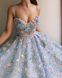 A-Line Lace Spaghetti Straps Long Light Blue Prom Dress HZ0527