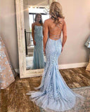 Blue Lace Applique Mermaid Sexy Cheap Long Prom Dress HZ0527