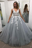 Gray V Neck Long Prom Dress for Teens, Puffy Appliqued Ball Gown with Beading HZ0527