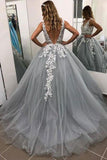 Gray V Neck Long Prom Dress for Teens, Puffy Appliqued Ball Gown with Beading HZ0527