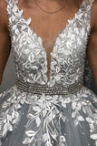 Gray V Neck Long Prom Dress for Teens, Puffy Appliqued Ball Gown with Beading HZ0527