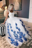 White Scoop Tulle Blue Lace Long Prom Dress, Evening Dress HZ0527