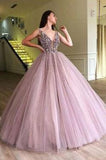 V Neck Tulle Long Ball Gown Prom Dress, Formal Evening Dress HZ0527