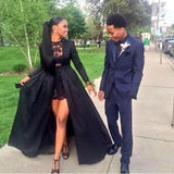 Vintage Long Sleeve Sexy Black A-Line Lace Satin Prom Dresses HZ0527