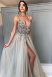 Long Backless Grey Sexy Prom Dresses with Slit Cheap Beaded Evening Gowns HZ0527