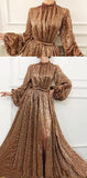 Charming A Line Long Sleeve Sequin High Neck Prom Dresses HZ0527