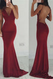 Sexy Burgundy Mermaid Long Spaghetti Straps Prom Dresses HZ0527