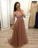 A Line V Neck Tulle Long Beaded Prom Dress, Cheap Evening Gown HZ0527