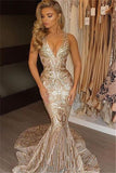 Charming Mermaid Trumpet Deep V Neck Sleeveless Sparkle Long Prom Dresses HZ0527