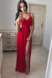 Simple Sexy Red Side Slit Spaghetti Straps Long Evening Prom Dresses HZ0527