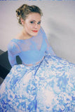 Two Piece Prom Dresses With Long Sleeves, White Blue Printed Prom Dresses HZ0527