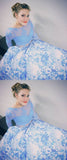 Two Piece Prom Dresses With Long Sleeves, White Blue Printed Prom Dresses HZ0527