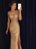 Luxurious Mermaid V-neck Sequin Gold Long Prom Dresses HZ0527