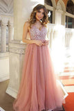 A Line Dusty Rose Long Tulle Prom Dresses Beading Bodice V Neck Formal Dress HZ0527