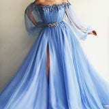 Elegant Blue Long Sleeves Off the Shoulder Beaded Crystal Side Slit Prom Dresses HZ0527