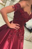 Ball Gown Burgundy Sleeveless Off the Shoulder Lace Applique Prom Dresses HZ0527