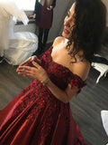 Ball Gown Burgundy Sleeveless Off the Shoulder Lace Applique Prom Dresses HZ0527