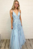Sky Blue Lace Appliques Straps Long V Neck Prom Dresses HZ0527