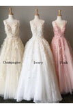 A Line Long Lace Applique Prom Dresses Cheap Tulle Evening Dresses HZ0527