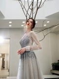 Promfast A Line V Neck Long Sleeves Tulle Sequins Grey Prom Dresses HZ0527