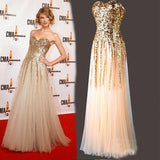 Sweetheart A Line Gold Sequin Tulle Long Sleeveless Prom Dresses HZ0527
