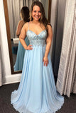 A Line Sky Blue Chiffon Prom Dress, Beaded Evening Party Dresses HZ0527