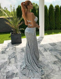 Sexy Mermaid Sweetheart Backless Silver Prom Dress with Split Beading HZ0527