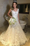 Elegant Tulle V-neck Sweep Train A-line Lace Long Wedding Dresses HZ0527