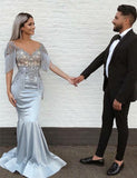 Mermaid V-Neck Short Sleeve Appliques Long Grey Prom Dress HZ0527
