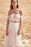 Two Piece Off the Shoulder Cheap Tulle Beach Wedding Dresses HZ0527