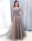 Cap Sleeves Bateau Long Tulle Beading Prom Dress with Appliques HZ0527