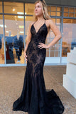 Mermaid Lace Spaghetti Straps Prom Dress, Long Navy Formal Evening Dresses HZ0527
