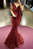 Mermaid Burgundy Sequined Cap Sleeves Long Prom Dresses HZ0527