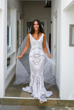 Elegant V Neck Sleeveless Wedding Gowns,V Back White Beach Bridal Dress HZ0527